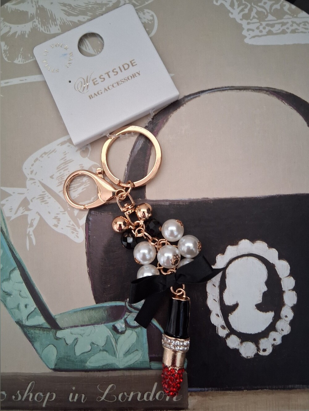 BLACK & GOLD WITH PEARL LIPSTICK BAG CHARM KEYCHAIN